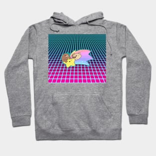 Shooting Star Sloth and Pug Vaporwave Grid Pattern Hoodie